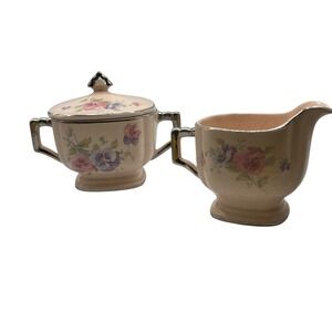 Limoges Sebring Ohio‎ The Pansy Sugar Bowl Creamer Set Pink Floral Silver Trim*